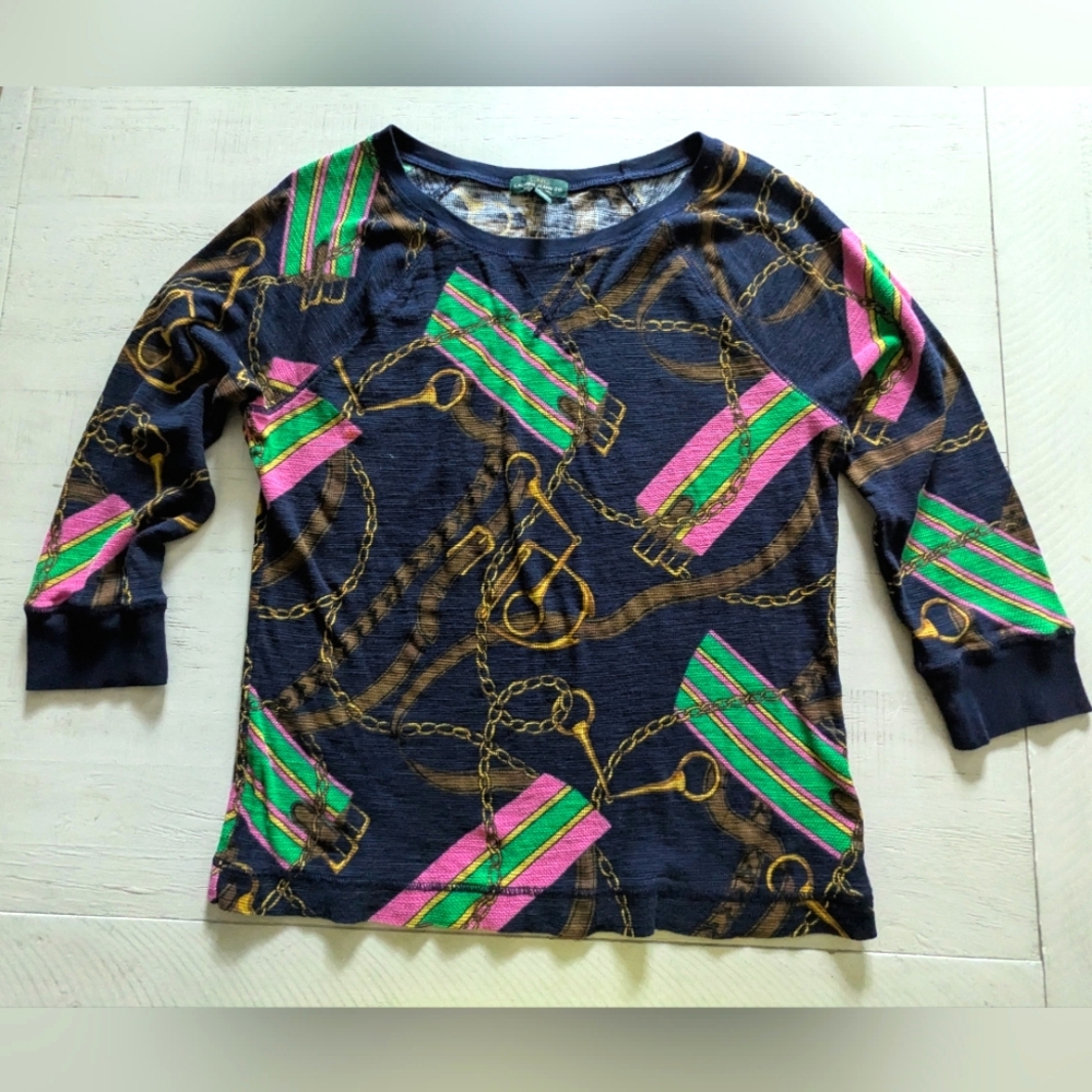 LRL Lauren Jeans Co. Equestrian Chain Pattern Knit Top 3/4 Sleeve XL